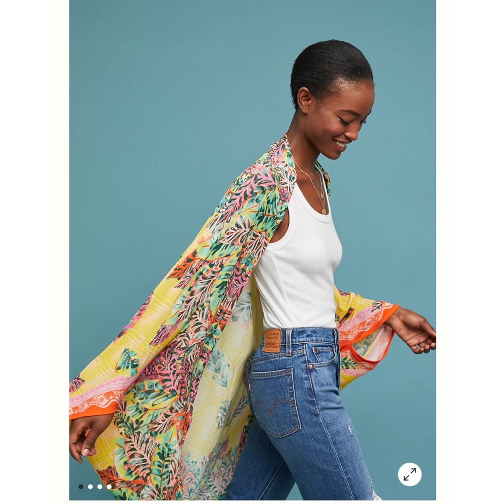 Anthropologie Multicolor Floral Sheer Kimono - Yellow, Green, Orange